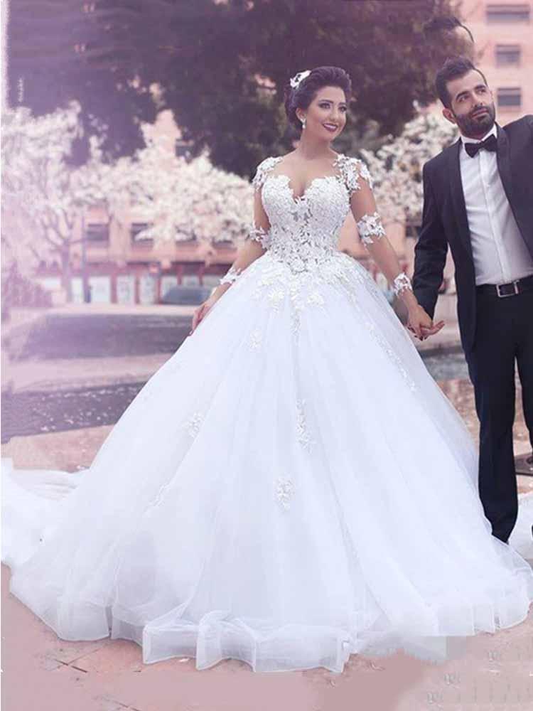 Long Tulle Lace Ball Gown Wedding Dresses with Long Sleeves