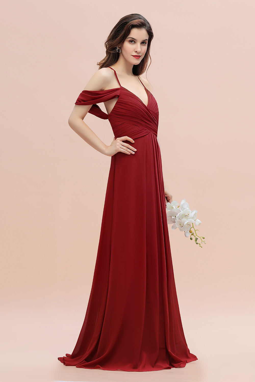 Elegant Long A-line Chiffon V-neck Bridesmaid Dress with Straps Cross Back