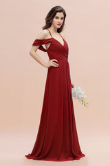 Elegant Long A-line Chiffon V-neck Bridesmaid Dress with Straps Cross Back
