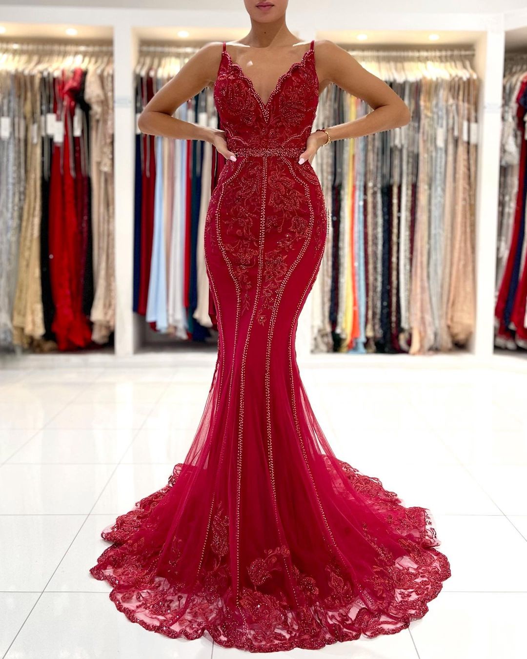 Long Mermaid V-neck Tulle Lace Open Back Prom Dress
