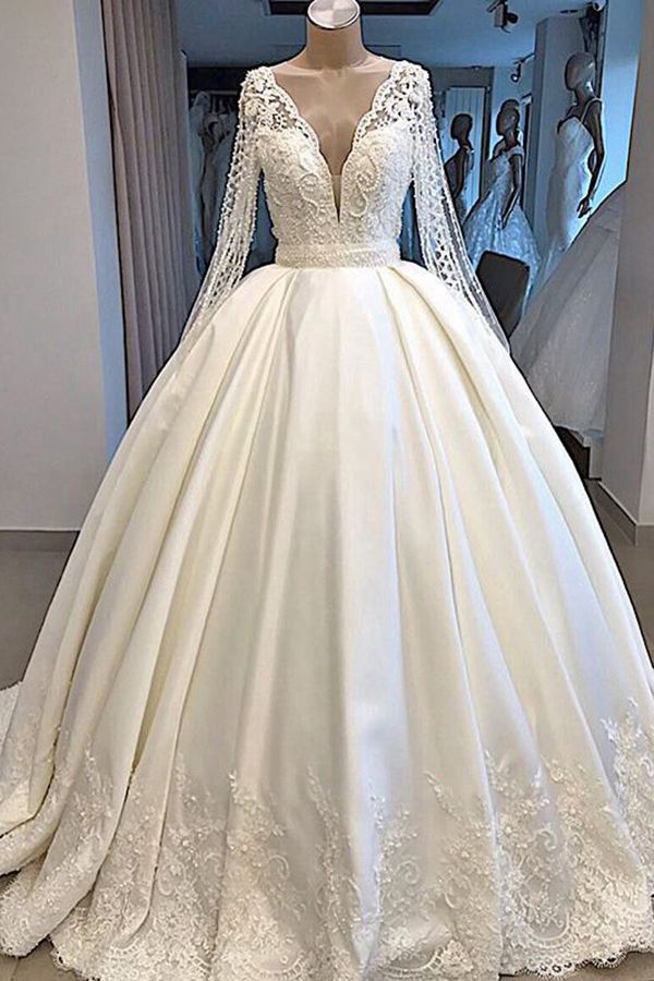 Long Sleeve V-neck Ball Gown Satin Tulle Wedding Dress