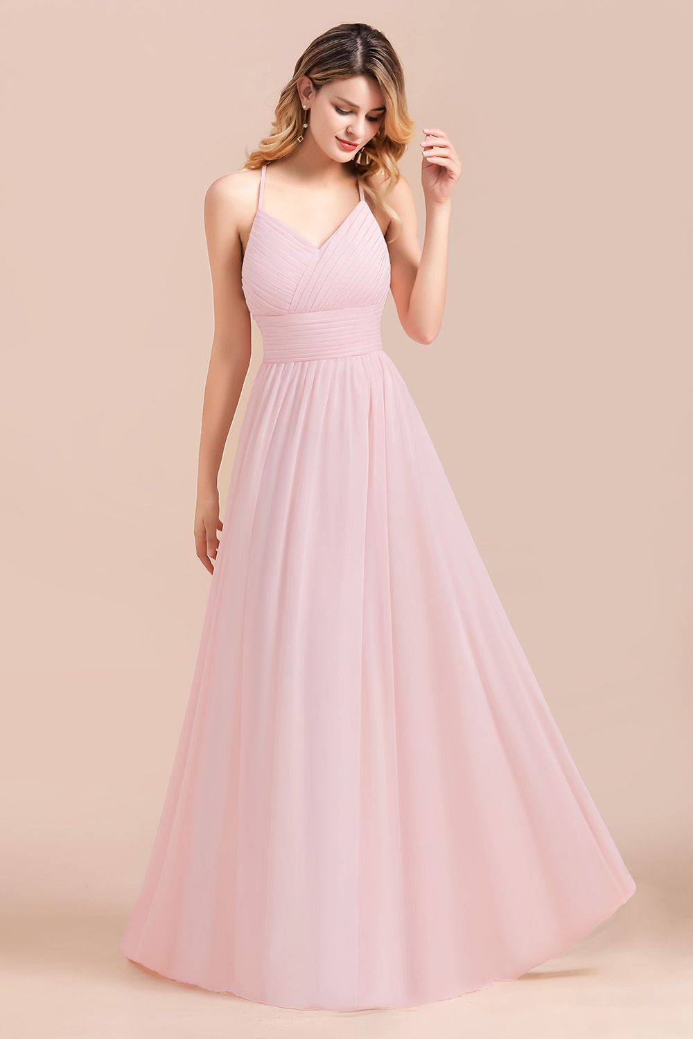 Vintage Spaghetti Straps Chiffon Bridesmaid Dress A-Line V-neck Evening Dress