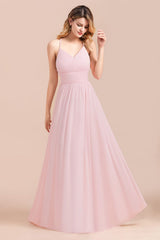 Vintage Spaghetti Straps Chiffon Bridesmaid Dress A-Line V-neck Evening Dress