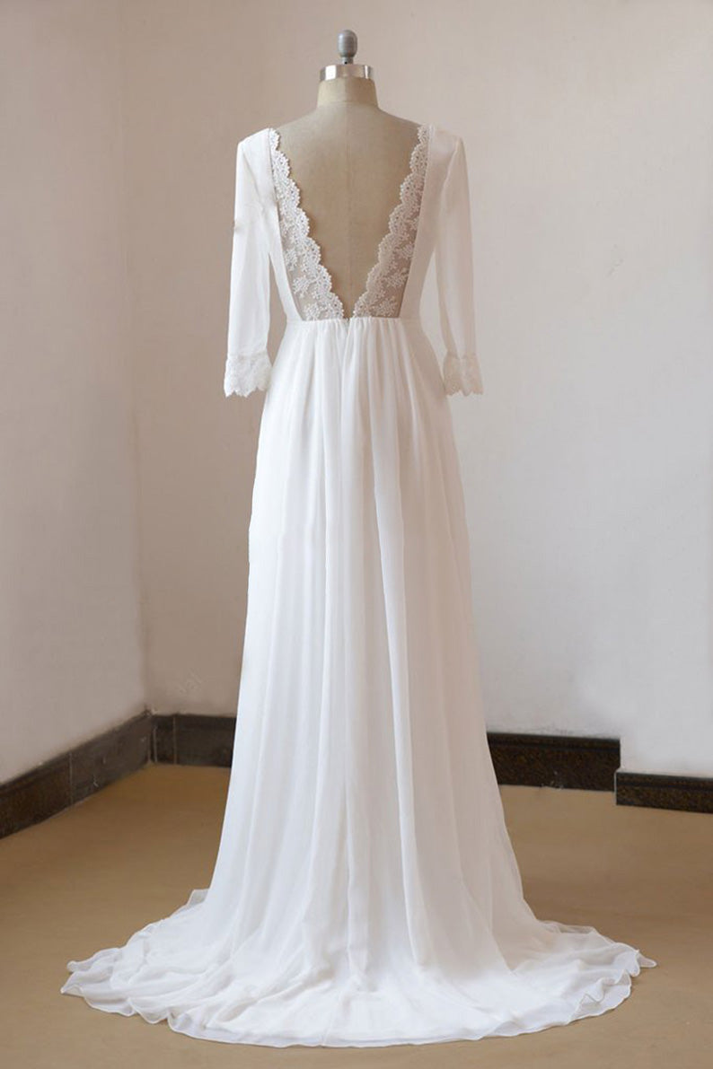 A-line Backless Long Chiffon Beach Wedding Dress with  3/4 Sleeves