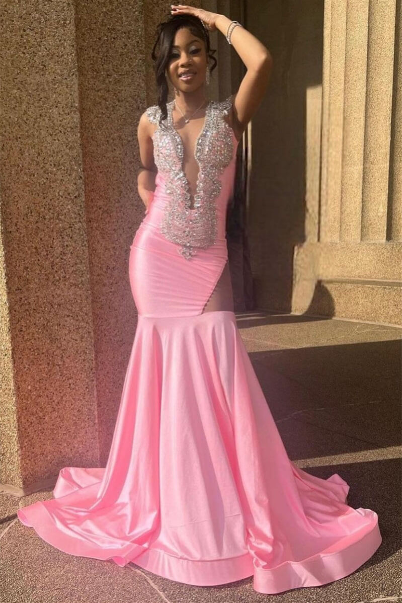Long Mermaid Satin Beaded V-neck Prom Dress