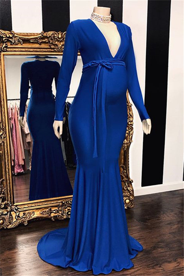 Long V-neck Mermaid Floor Length Evening Formal Dress with Sleeves