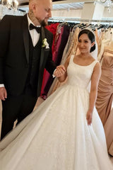 Gorgeous Long A-line Square Neck Sleeveless Backless Wedding Dress