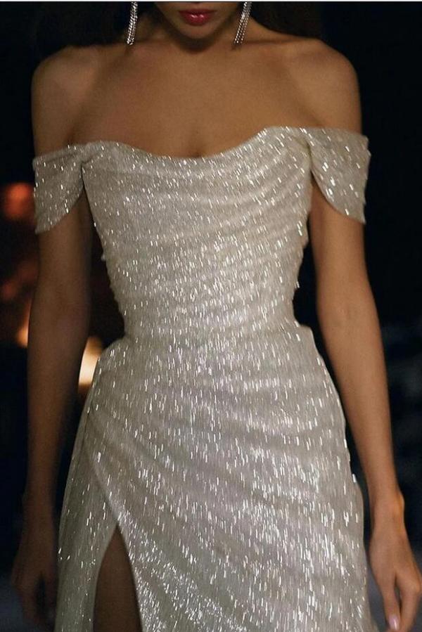 Simple Long Mermaid Off the Shoulder Sequined Wedding Dress with Slit