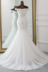 Long Off the Shoulder Lace-up Applique Mermaid Wedding Dress