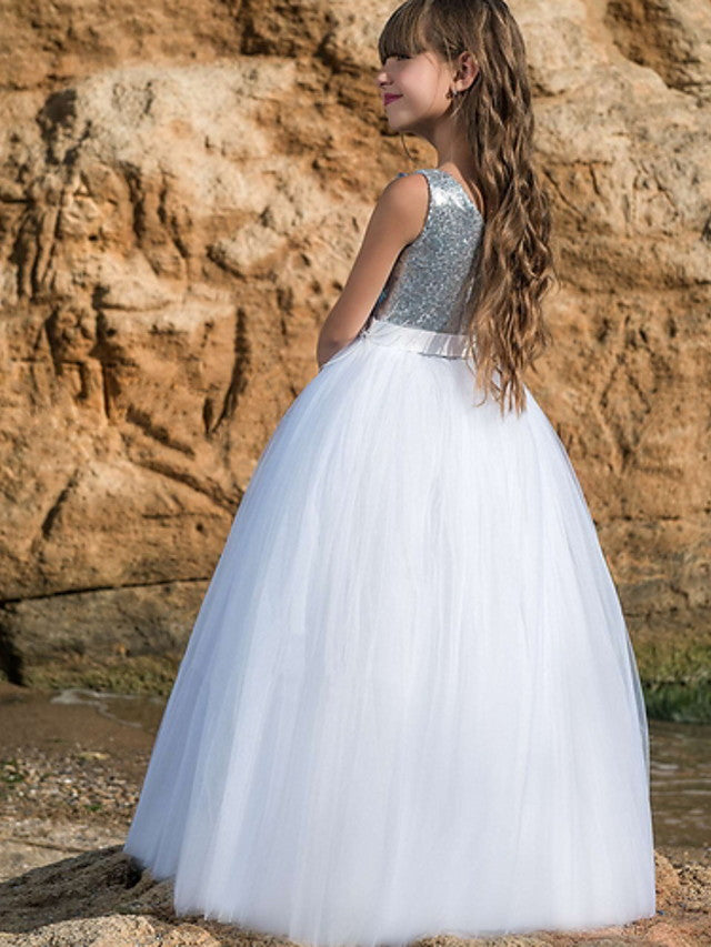 Long Ball Gown Floor Length Sequin Tulle Party Flower Girl Dresses