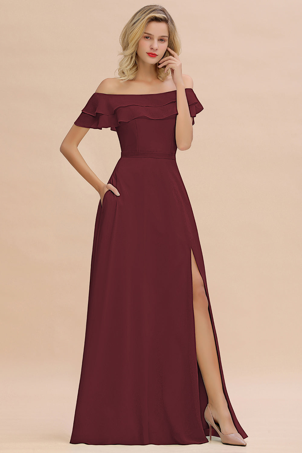 Off the Shoulder Front Slit Mint Green Long Bridesmaid Dress