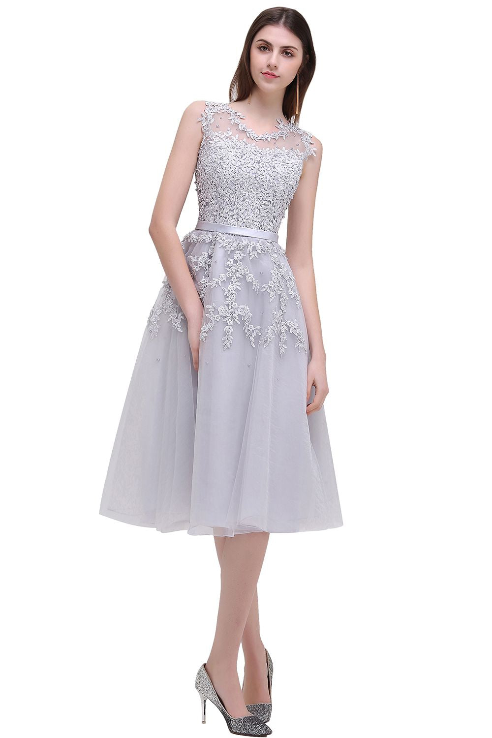 Short A-line Sleeveless Crew Neck Tulle Lace Formal Dress
