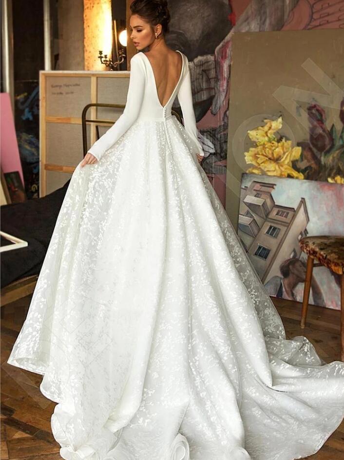 Simple Long A-line V-neck Satin Tulle Lace Wedding Dresses with Sleeves