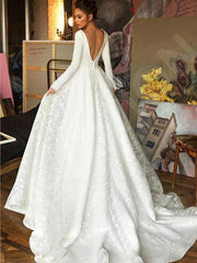 Simple Long A-line V-neck Satin Tulle Lace Wedding Dresses with Sleeves