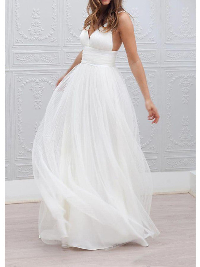 White Long A-Line Spaghetti Strap V-neck Tulle Open Back Wedding Dresses