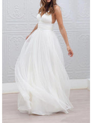 White Long A-Line Spaghetti Strap V-neck Tulle Open Back Wedding Dresses
