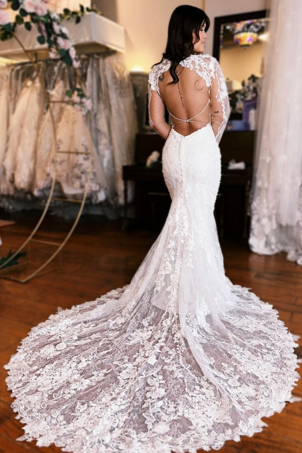 Long Sleeves Sweetheart Lace Mermaid Floor Length Wedding Dress