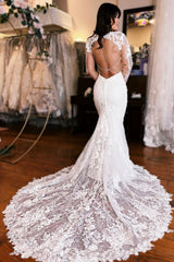 Long Sleeves Sweetheart Lace Mermaid Floor Length Wedding Dress