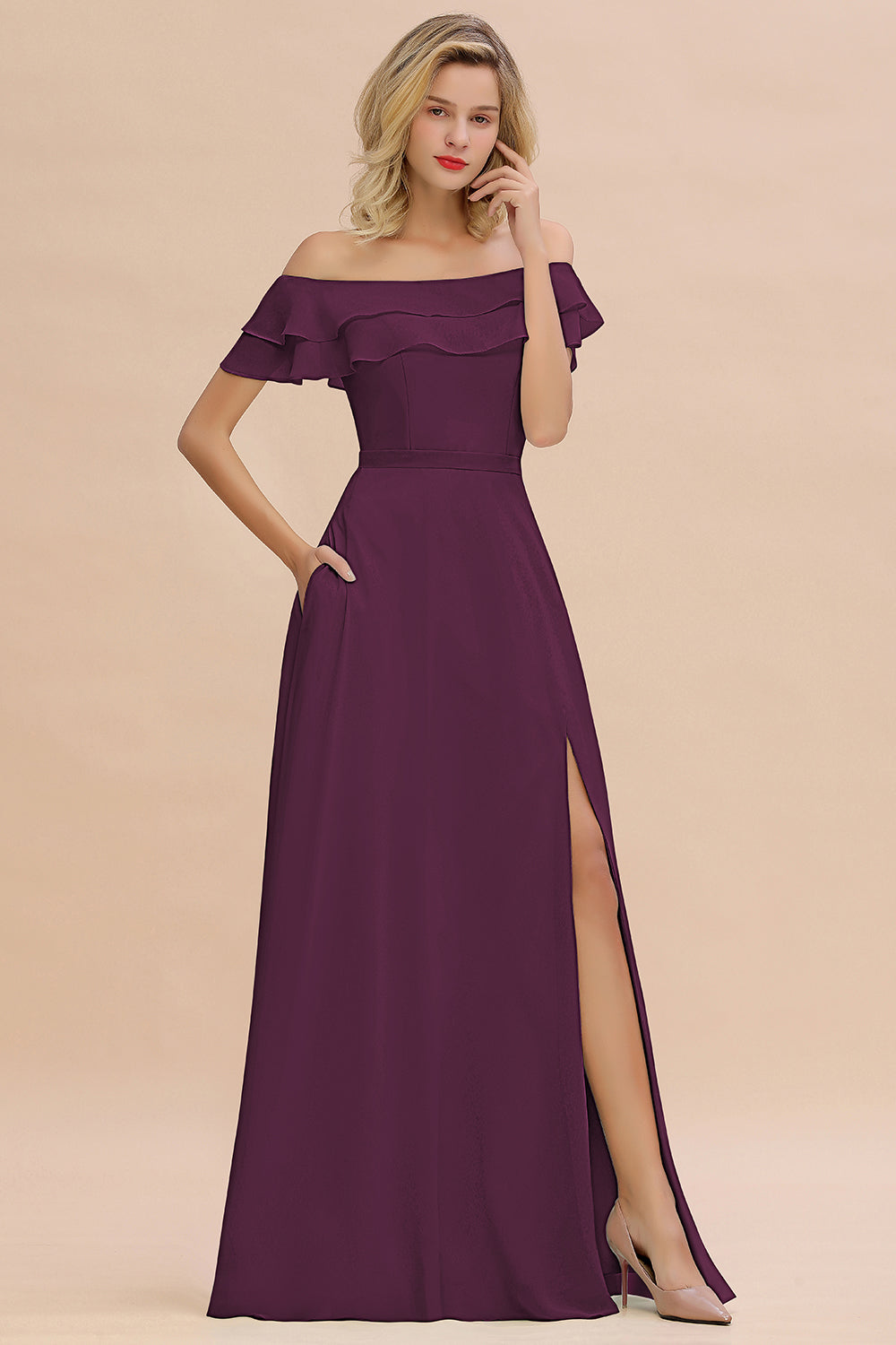 Off the Shoulder Front Slit Mint Green Long Bridesmaid Dress