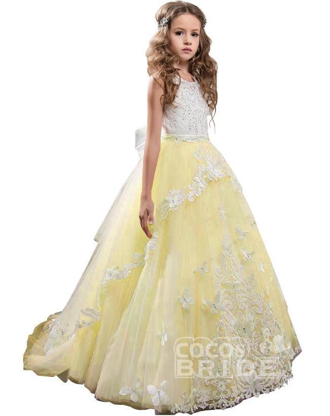 Long Tulle Lace Scoop Neck Sleeveless Ball Gown Flower Girl Dress