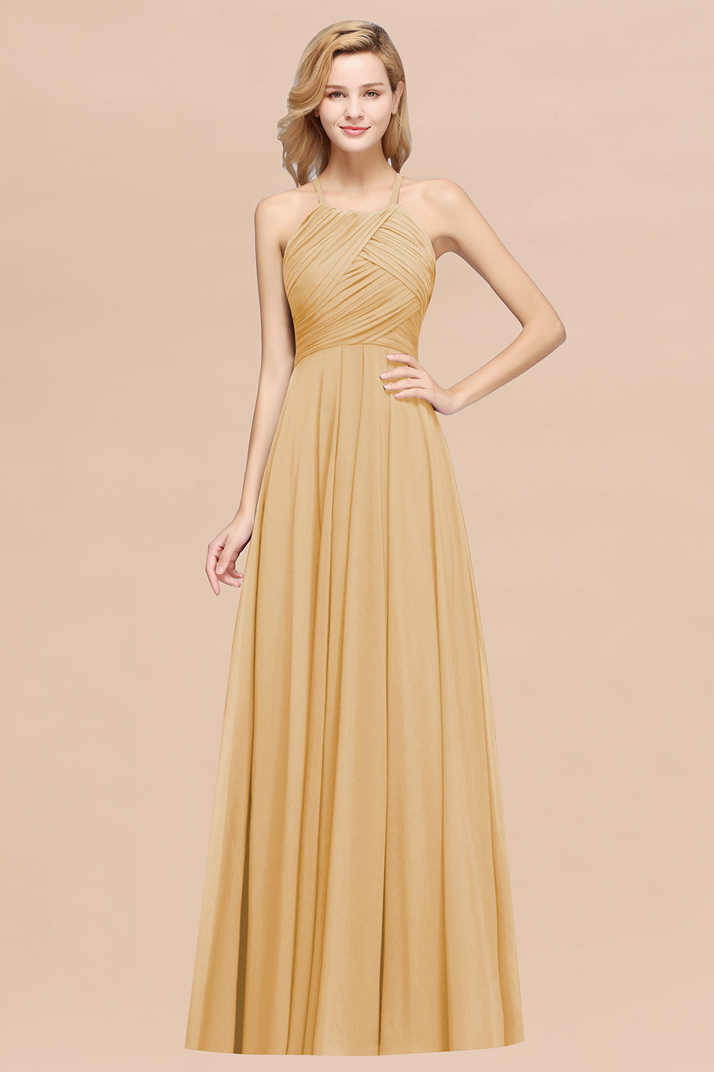 A-Line Chiffon Halter Ruffles Floor Length Bridesmaid Dress