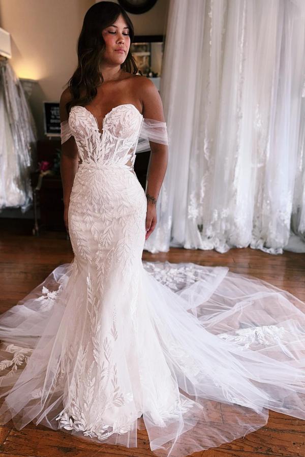 Mermaid Off the Shoulder Sweetheart Tulle Lace Long Wedding Dress with Appliques