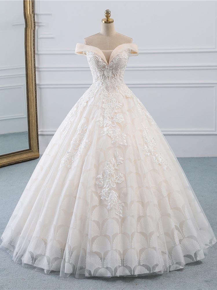 Luxury Long Off the Shoulder Lace-Up Ball Gown Wedding Dresses