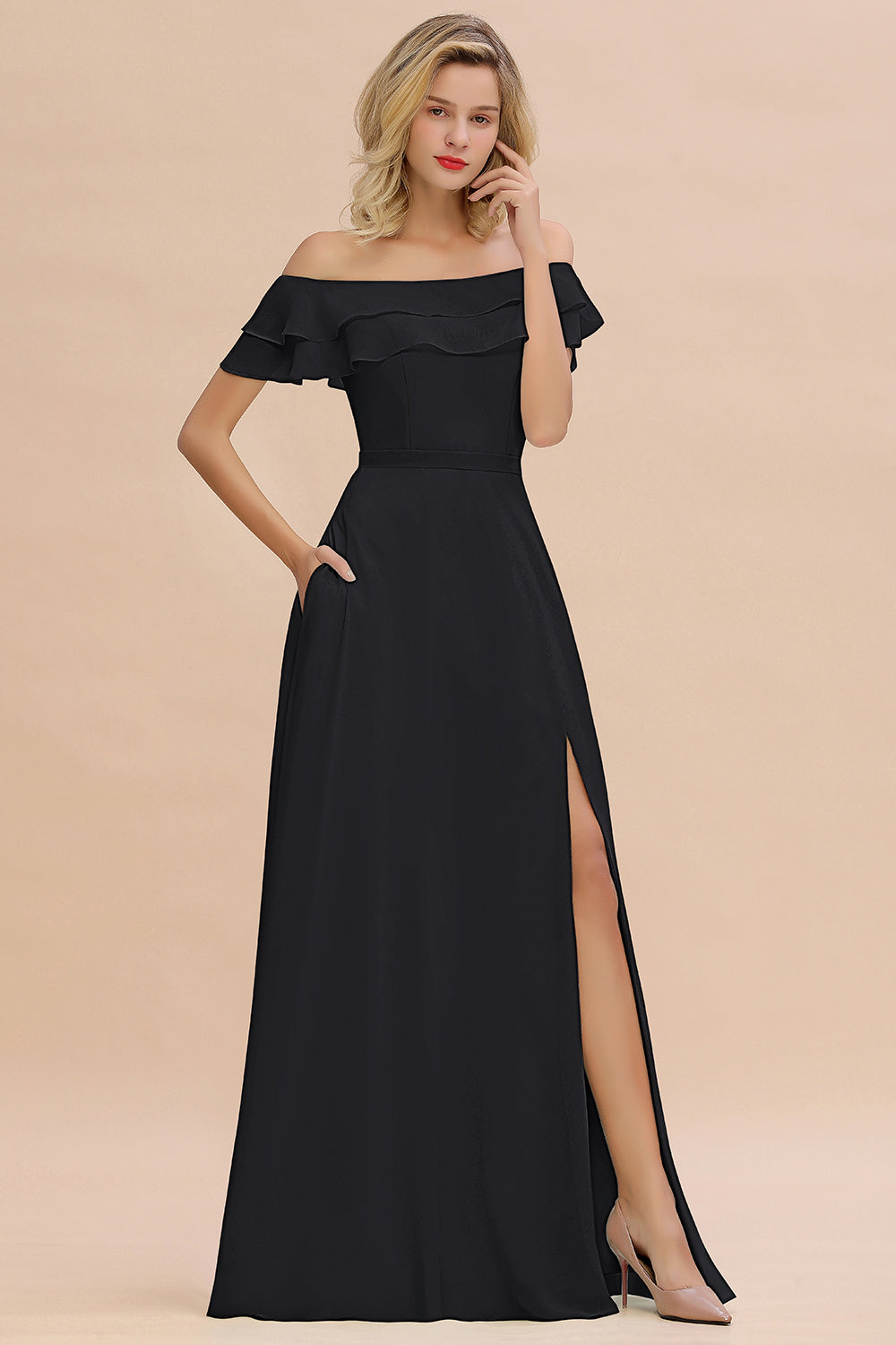 Off the Shoulder Front Slit Mint Green Long Bridesmaid Dress
