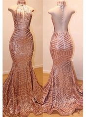 Long High Neck Sleeveless Sequins Mermaid Open Back Prom Dresses
