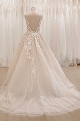 Long V-Neck Backless Tulle Appliques Lace A-Line Wedding Dresses with Ruffles