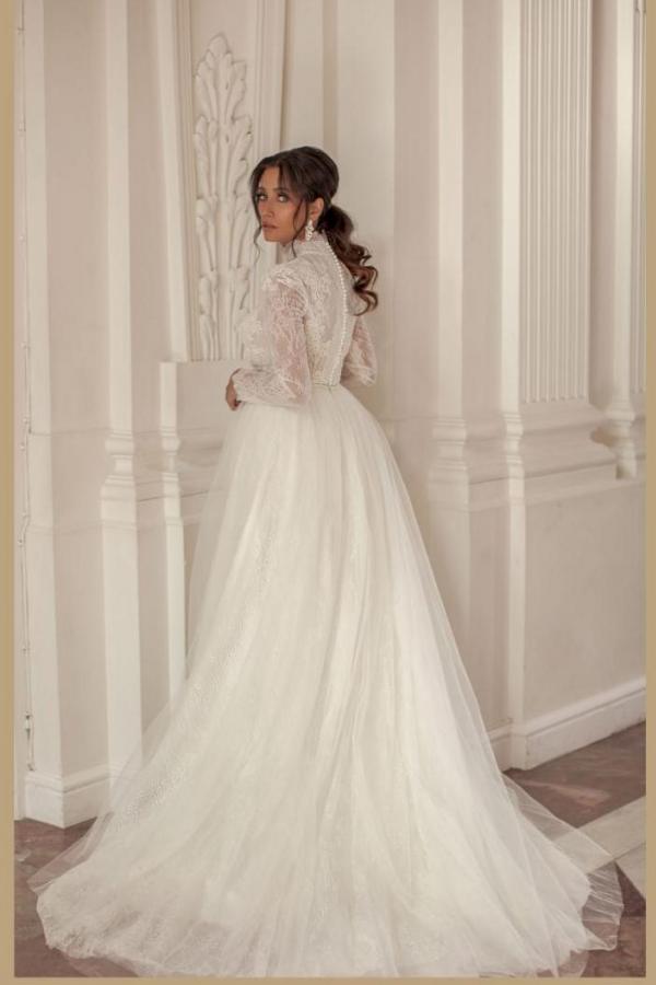 Elegant High Neck Long Sleeves Lace Chapel Train Wedding Dress