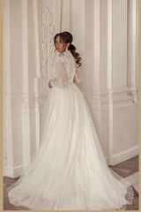 Elegant High Neck Long Sleeves Lace Chapel Train Wedding Dress