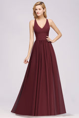 Chiffon Lace V-Neck Sleeveless Straps Floor Length Bridesmaid Dress