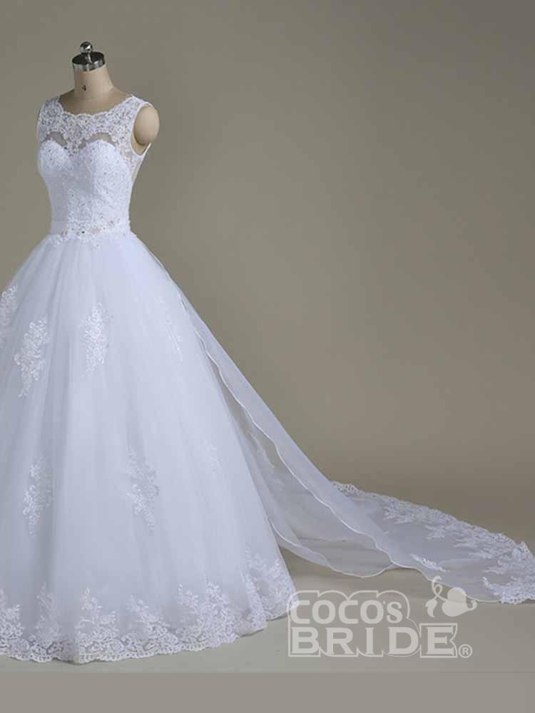 Elegant Long White Jewel Lace Ball Gown Wedding Dresses