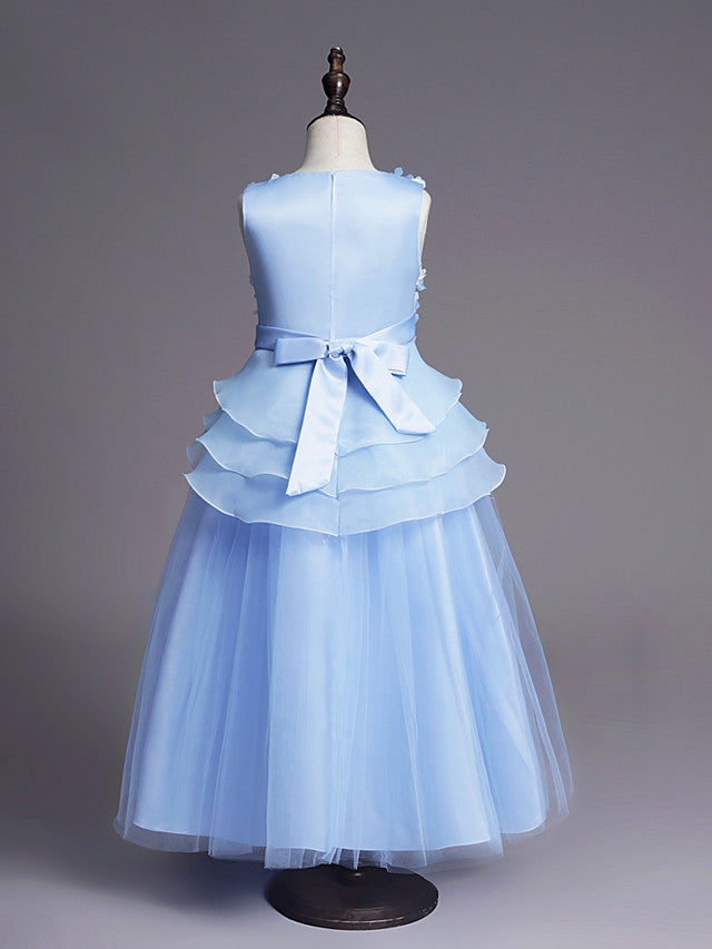 White Long A-line Tull Lace Sleeveless Jewel Neck Flower Girl Dresses