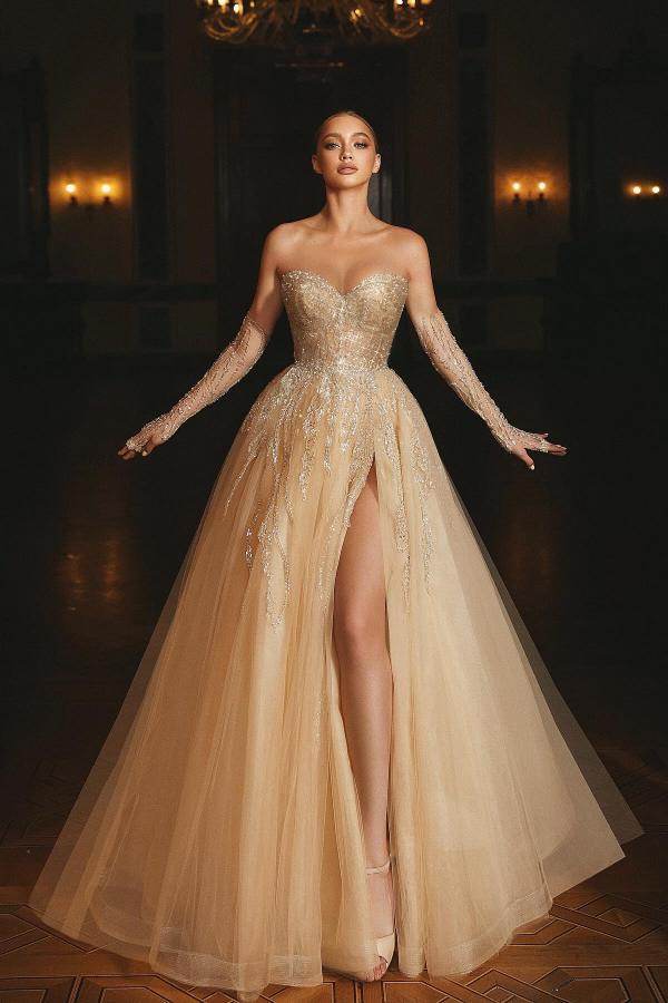 Champagne A-line Sweetheart Tulle Beading Long Wedding Dress with Split