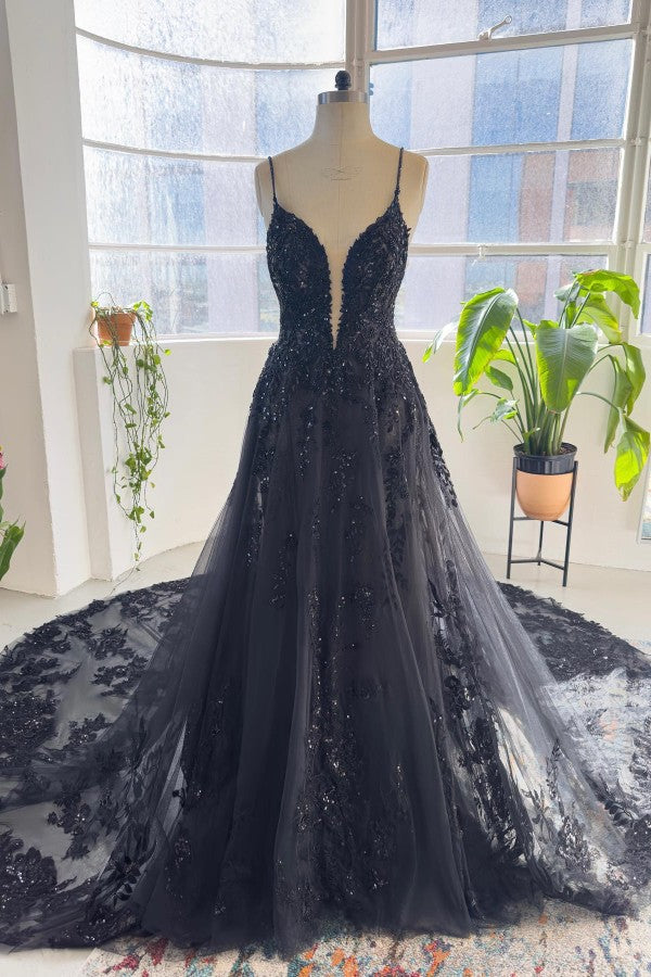 Elegant Black Long A-line V-neck Tulle Lace Open Back Wedding Dresses
