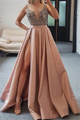 Long A-line V-neck Satin Beaded Prom Dress with Split Front