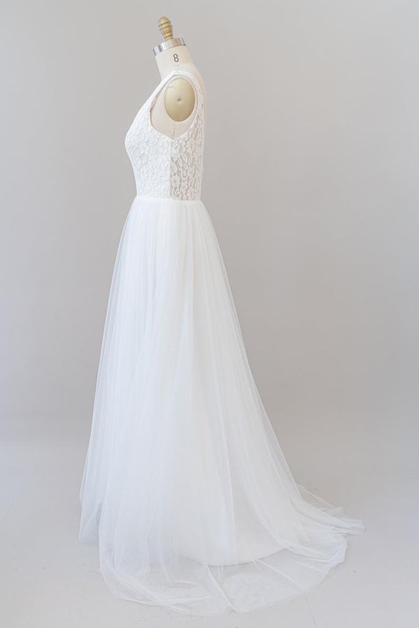 Long Open Back V-neck Lace Tulle A-line Wedding Dress