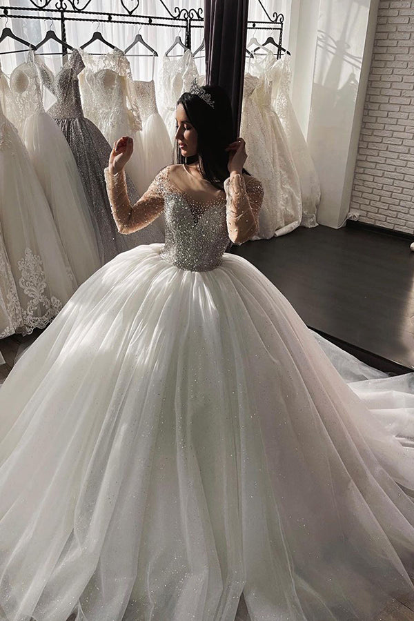 Elegant Long Ball Gown Sweetheart Beaings Tulle Wedding Dresses with Sleeves