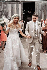 Elegant Long A-line Off the Shoulder Tulle Floral Lace Wedding Dress