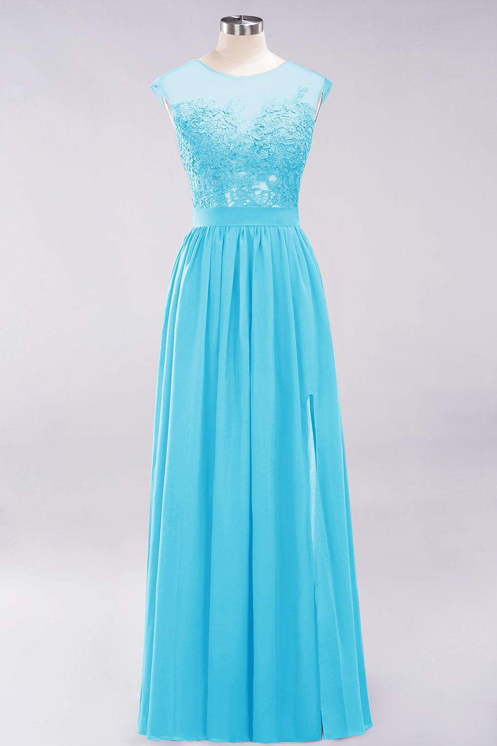 A-line Chiffon Lace Jewel Sleeveless Floor Length Bridesmaid Dresses with Appliques