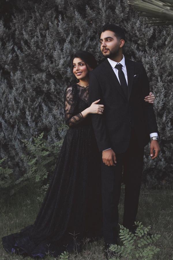 Black Long A-line Tulle Lace Wedding Dress with Sleeves