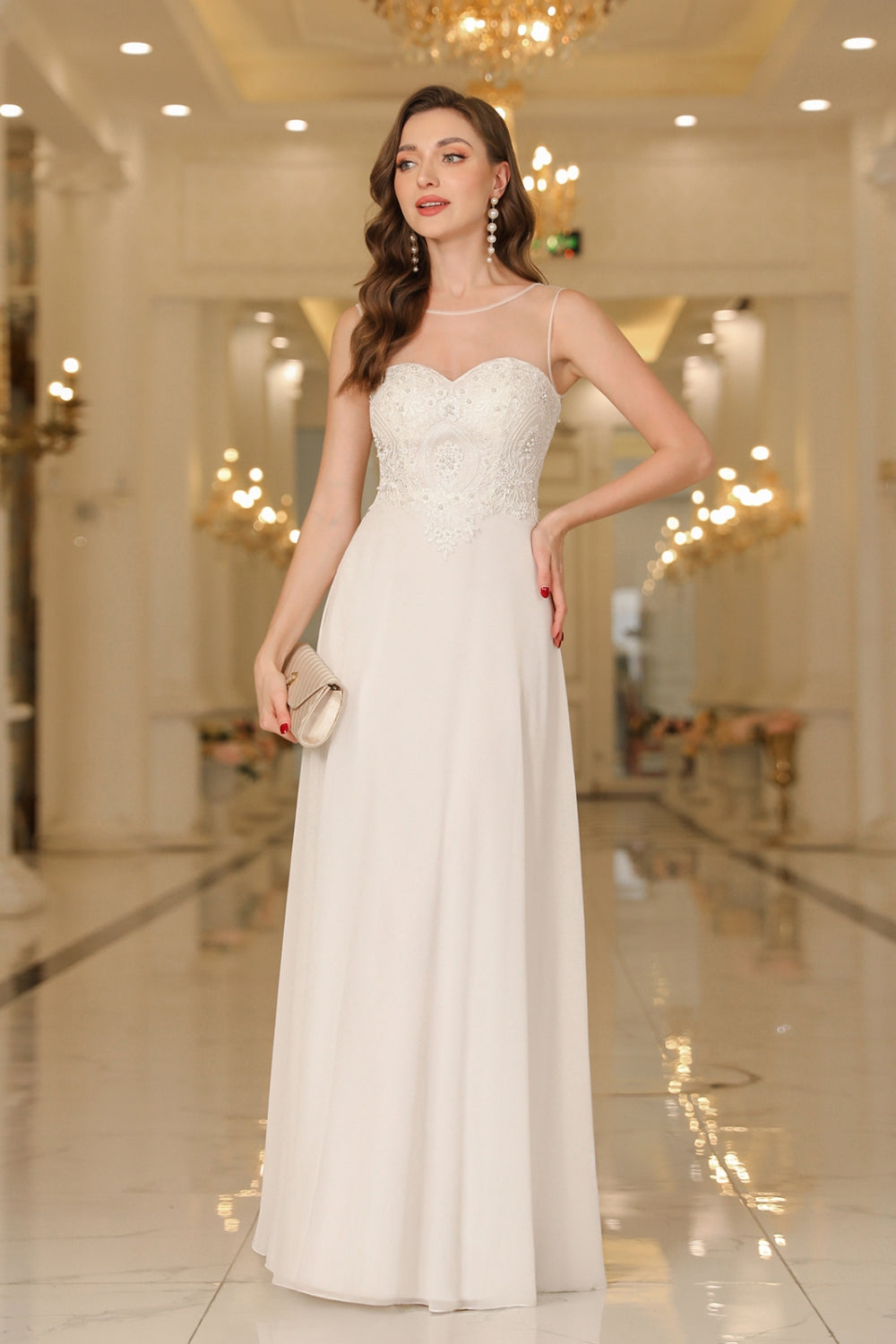 Elegant Long Scoop Neck Sleeveless Lace Appliques Chiffon Evening Dress