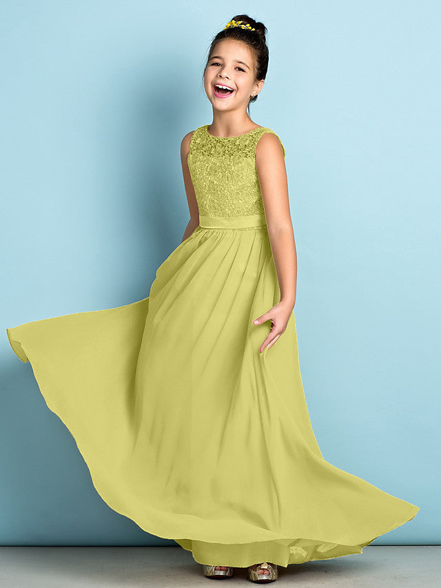 Long A-Line Scoop Neck Floor Length Chiffon Lace Junior Bridesmaid Dress
