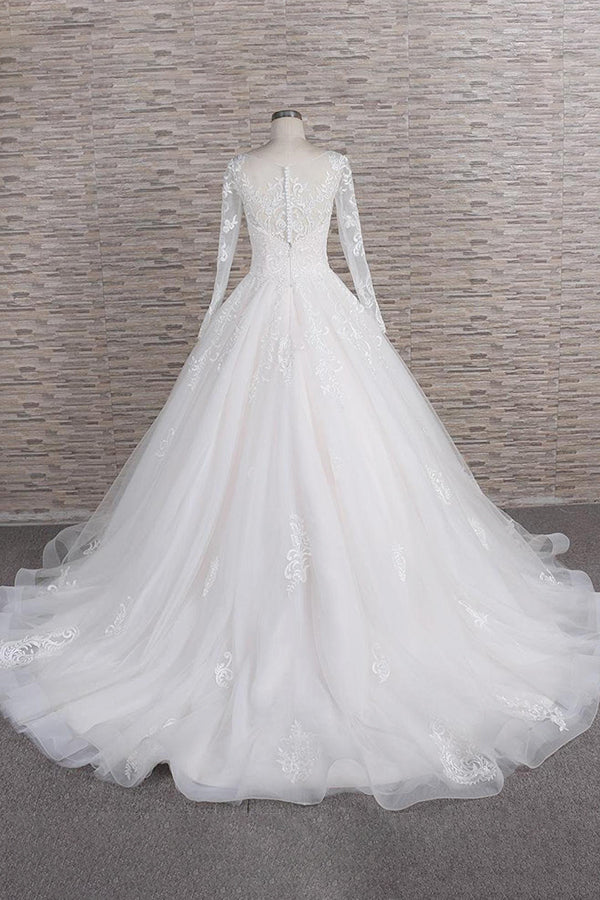 Elegant Long A-line Appliques Lace Tulle Wedding Dress with Sleeves