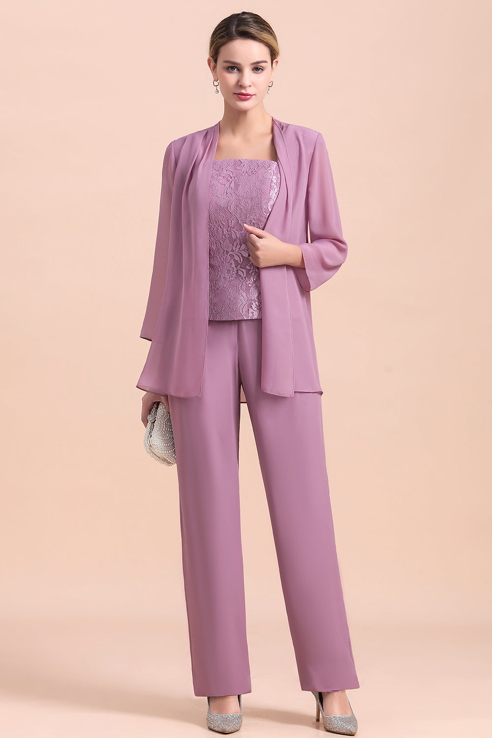 Elegant Lace Cap Sleeves Chiffon Mother of Bride Jumpsuit With Wrap