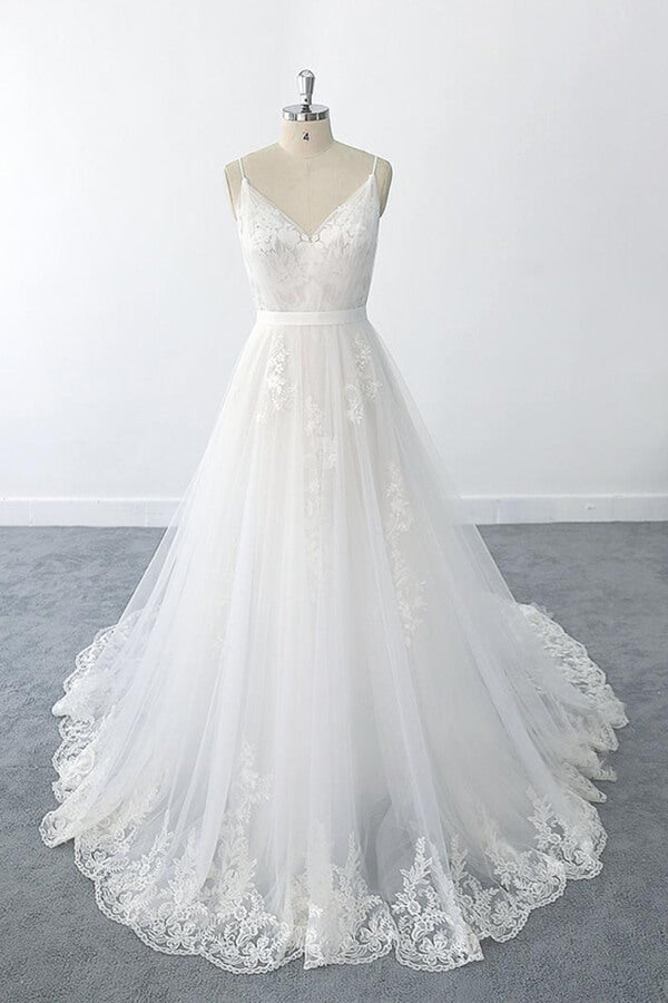 Elegant Long V-neck Ruffle Appliques Tulle A-line Backless Wedding Dress