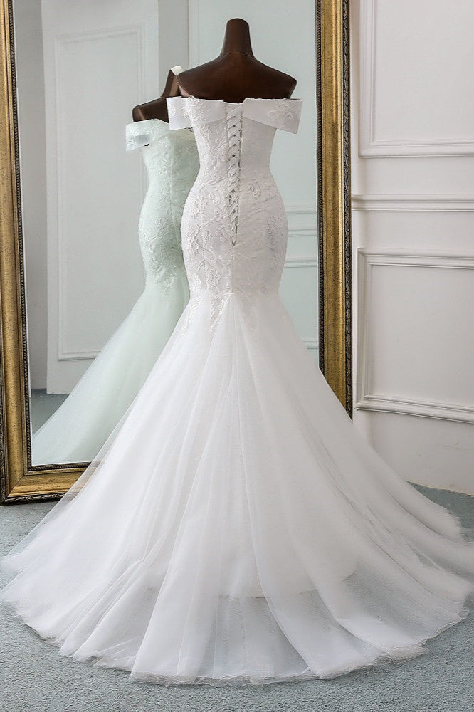 Long Mermaid Tulle Lace Off the Shoulder Lace-up Wedding Dress