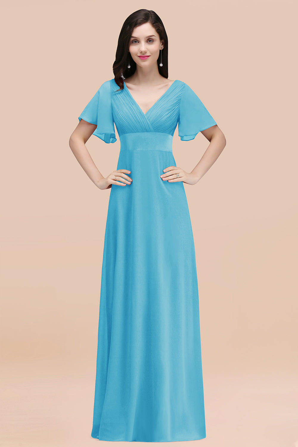 Simple A-Line Chiffon V-Neck Short Sleeves Ruffles Floor Length Bridesmaid Dresses